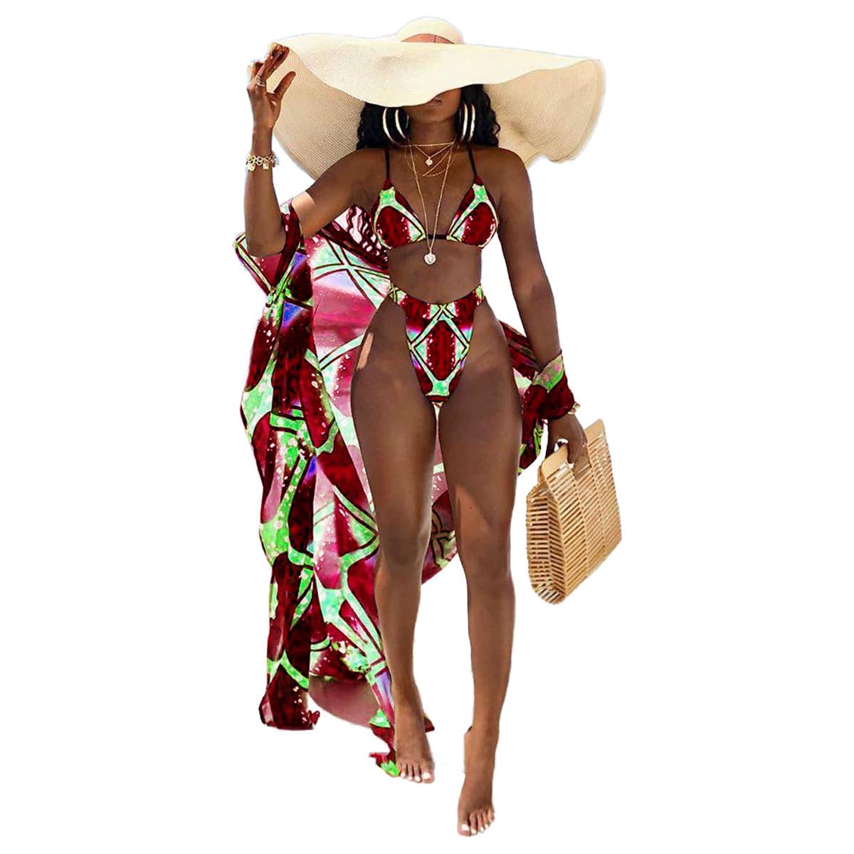 Women's High Waist Three-Piece 3-Piece Tie-Dye Bikini Set Top and Bottom Swimcover Swimwear Digital Print Cardigan Long Sleeve Blouse Short Sleeve - Clothing Personality