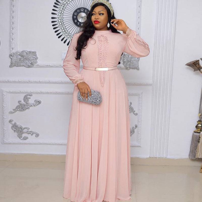 Solid Color Plus Size Long Sleeve Big Hem Chiffon Dress - Clothing Personality