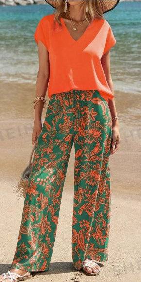 Women's Solid V-Neck Short Sleeve Top And Botanical Print Pants - Clothing Personality