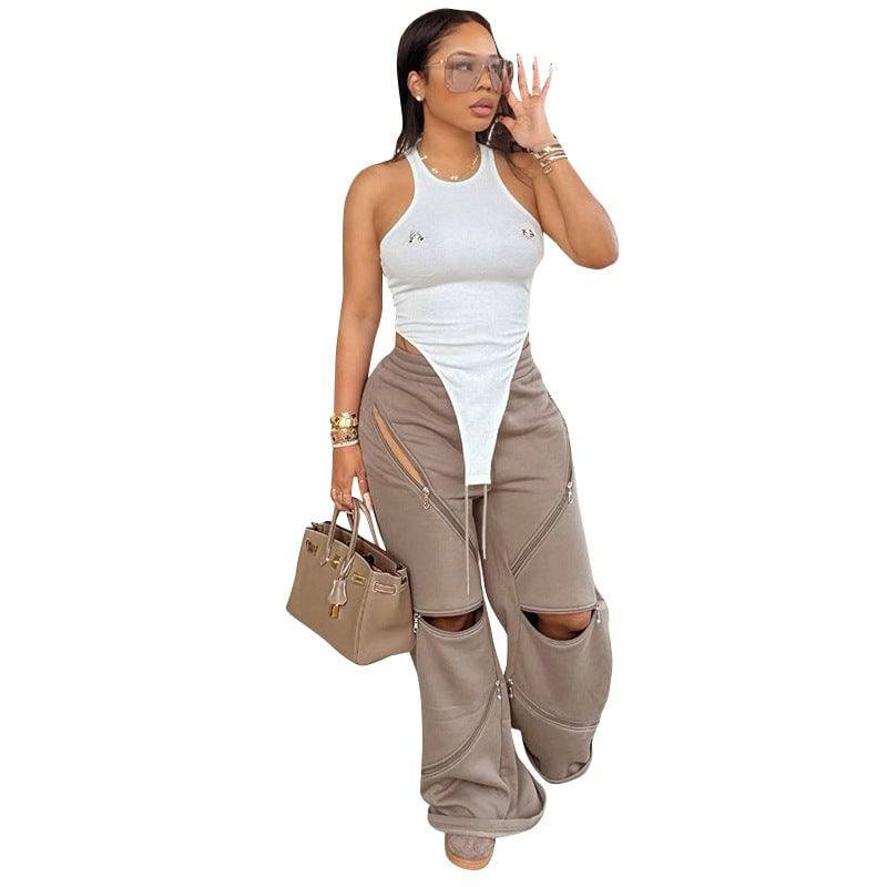 Fashionable Multi-Zipper Pocket Hollow Out Loose Fit Pants Trousers For Women - Clothing Personality