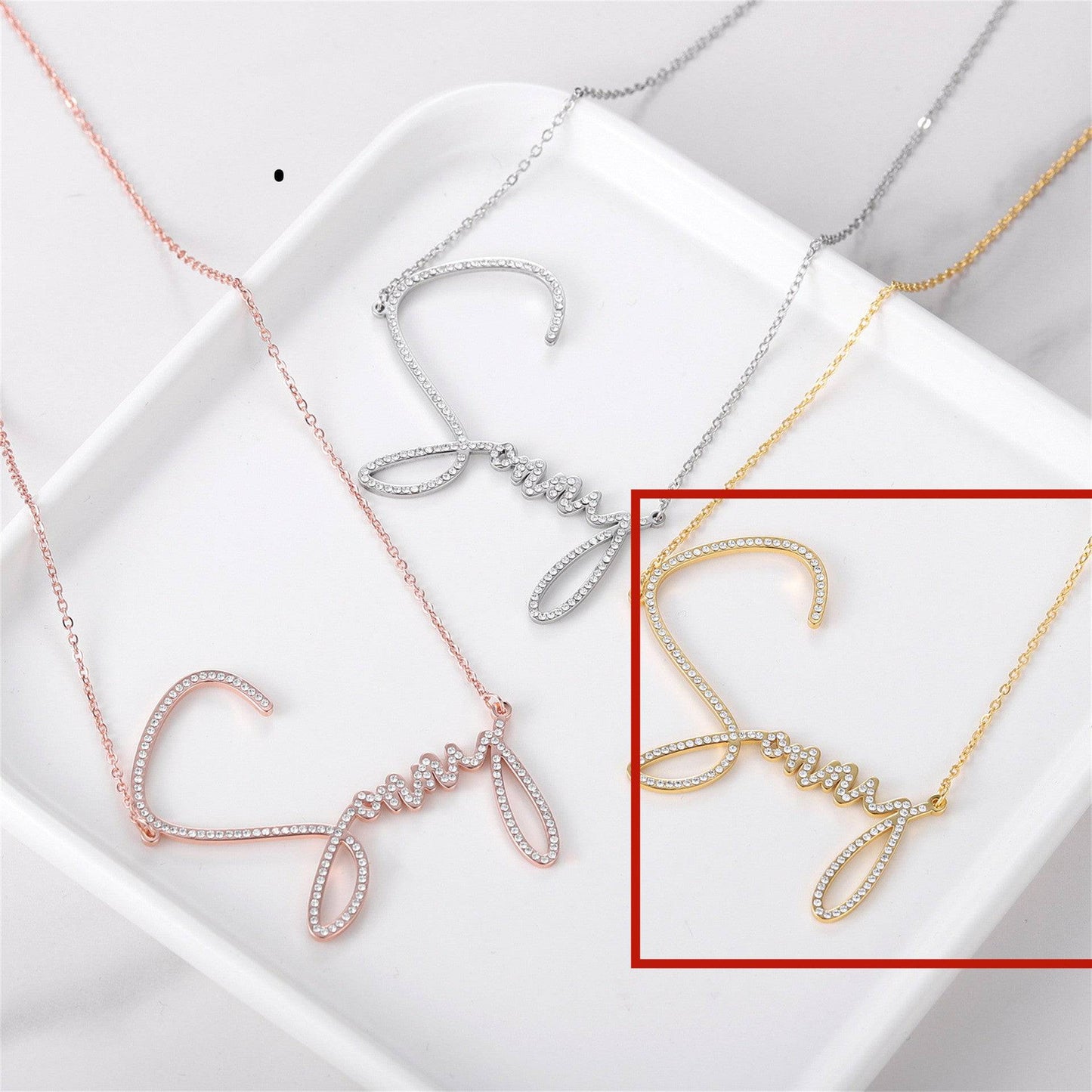 Personalized Bling Nameplate Necklace With Handwritten Signature Of Crystal Alphabet - Clothing Personality