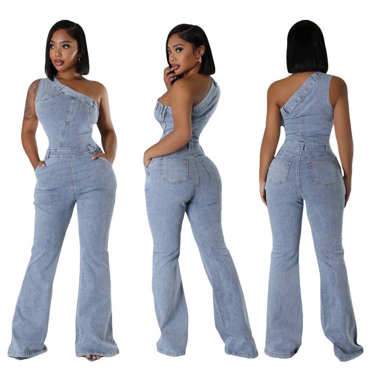 Slant Shoulder Tight Waist Slim Elastic Wash Denim Jumpsuit - Clothing Personality