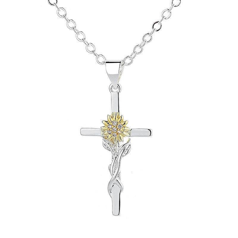 Cross Gold And Silver Two-color Sunflower Flower Hanging Women's Pendant Necklace - Clothing Personality