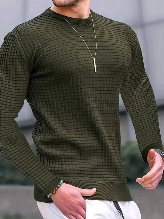 Men's Solid Color Stand Collar Jacket Fashionable Small Square Waffle Youth Round Neck Jacquard Plaid Sweatshirt - Clothing Personality