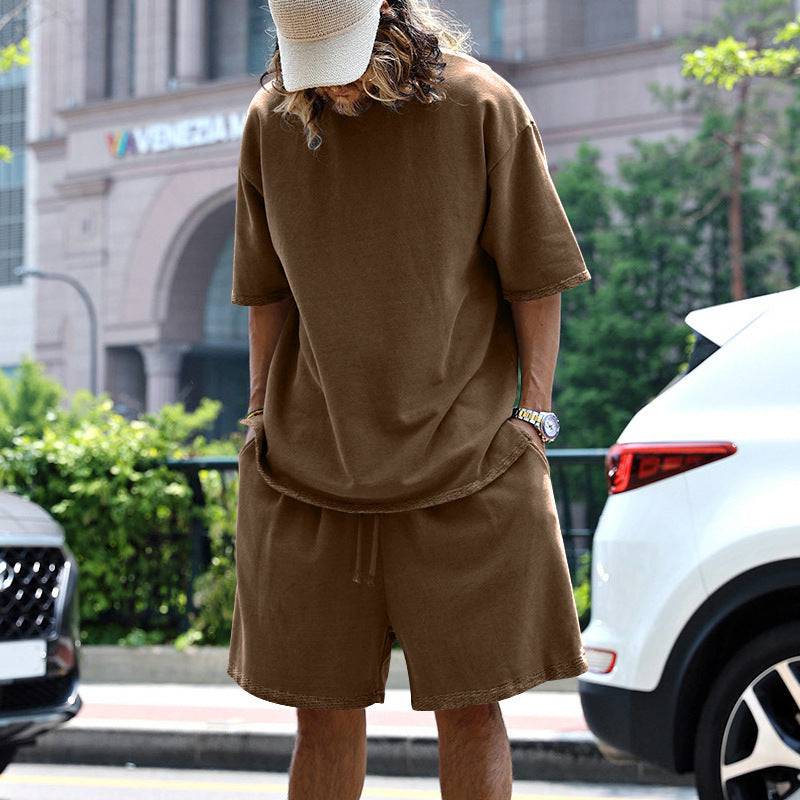 2pcs Loose Sports Shorts Set Suits Summer Round Neck Short Sleeve T-shirt And Drawstring Pockets Shorts Casual Solid Color Set Mens Clothing - Clothing Personality
