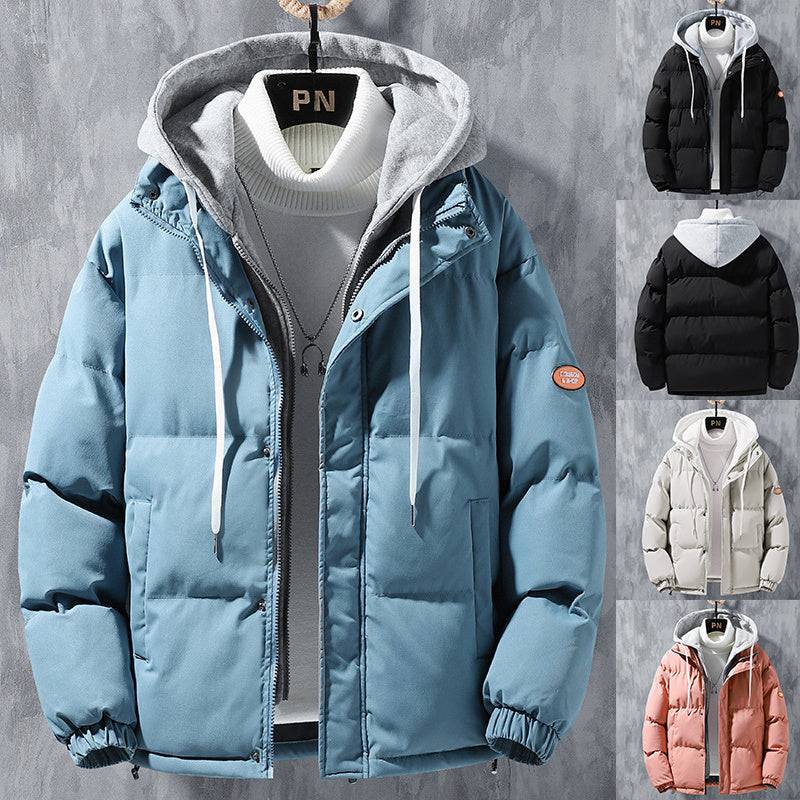 Fashion Hooded Jacket Men Winter Windproof Thickened Fake Two-piece Coat Solid Leisure Sports Cotton Jacket - Clothing Personality