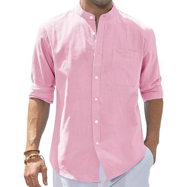 Men's Stand Collar Long Sleeve Solid Color Cotton Shirt - Clothing Personality