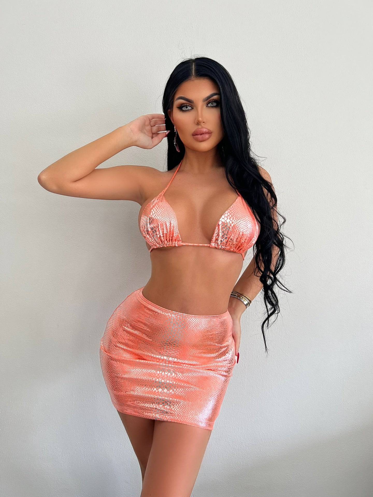 Women's 3 Piece Bathing Suit Halter Snake Pattern Bikini Set With Cover Up Skirt Summer Swimsuit - Clothing Personality