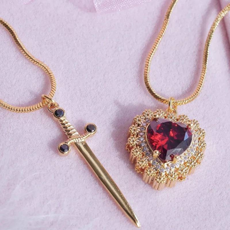 Gothic Punk One Arrow Through The Heart Creative Two Color Couple Necklace Red Rhinestone Heart Dagger Necklace Good Friend Gift Fashion Jewelry - Clothing Personality