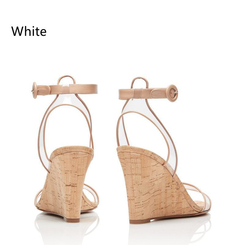 Women's Clear Strappy Fashion Wedge Heels Sandals PVC Wood Grain Wedges Women Shoes - Clothing Personality