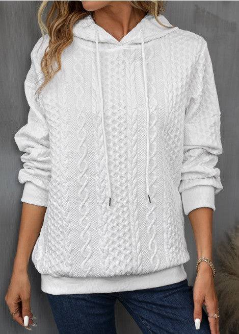 Plus Size Casual Jacquard Hooded Lace-up Long Sleeve Sweatshirt - Clothing Personality