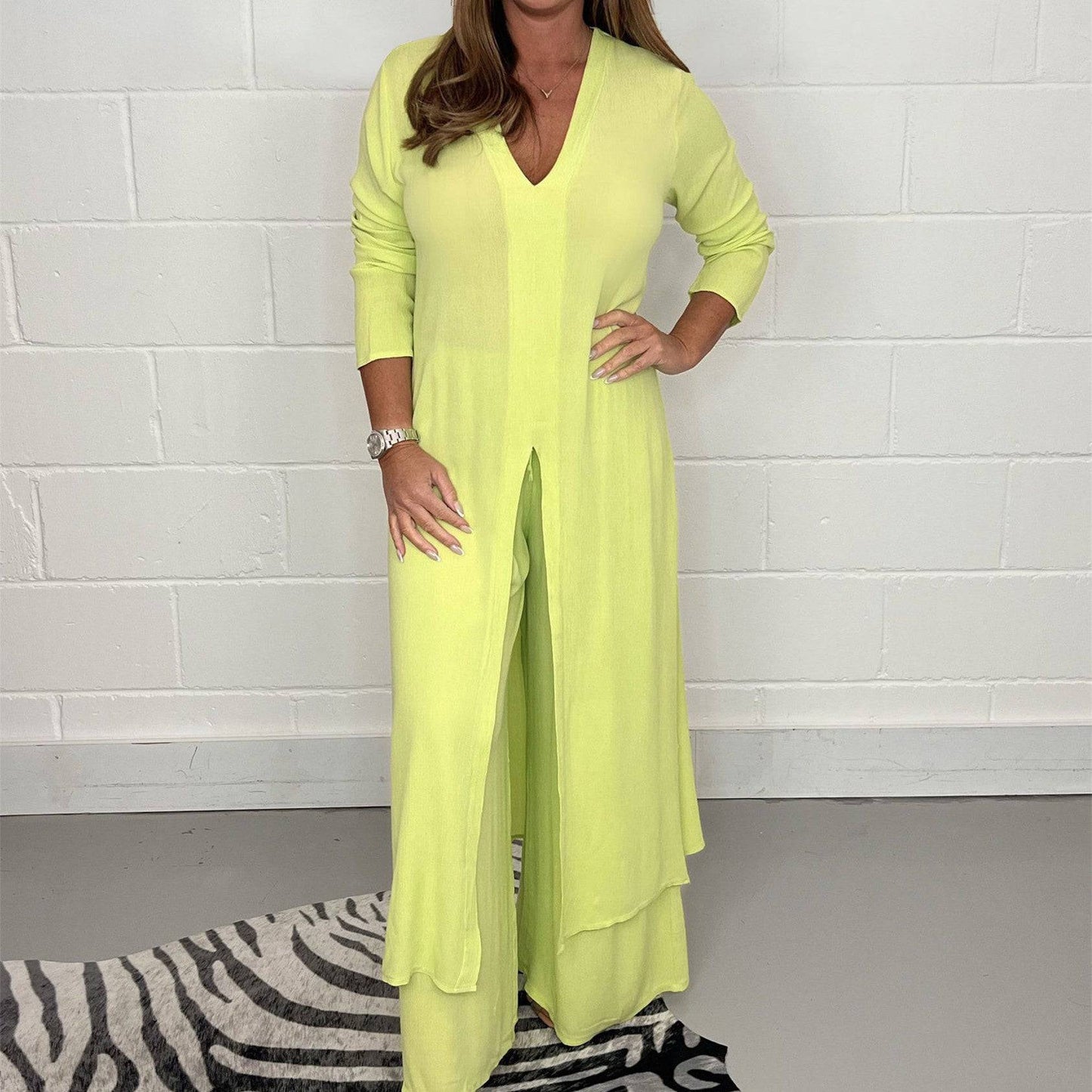 Women's Fashion Simple Solid Color Long Top Long Pants Set - Clothing Personality