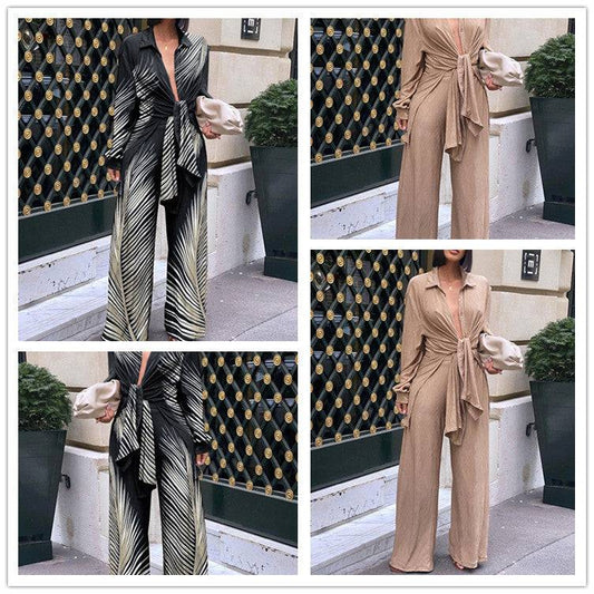 New Women's Print Blouse And Wide Leg Pants Suit - Clothing Personality