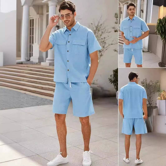 Summer Suits Men Short Sleeve Lapel Pockets Shirt And Drawstring Shorts Sports Fashion Leisure Men's Clothing - Clothing Personality