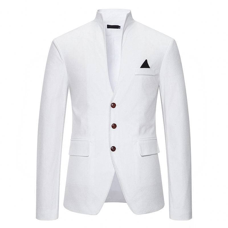 Men's Blazer Solid Color Stitching Stand-Collar Casual Slim Fit White Suit Jacket