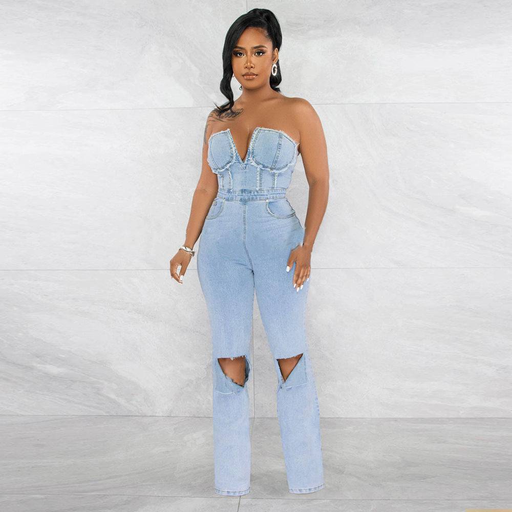 Women's V-Neck Denim With Hole Zip Pocket Jumpsuit - Clothing Personality