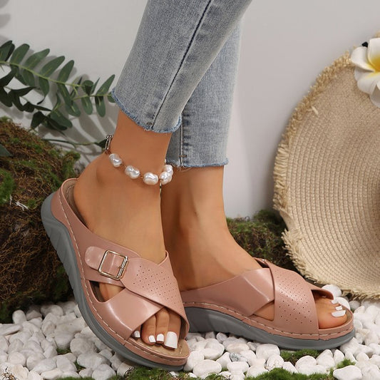 New Buckle Cross-design Slippers Summer Wedges Sandals Fashion Women's Beach Shoes - Clothing Personality