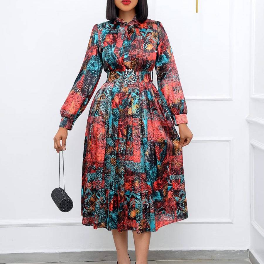 Women's Long Sleeve Skirt High Waist Print Plus Size Banquet Dress - Clothing Personality