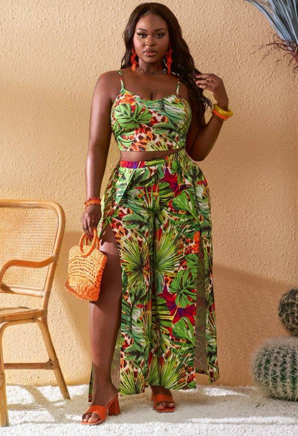 Plus Size Floral Print Multi-Color Bold Matching Top and Shorts Vacation Print Short Sets - Clothing Personality