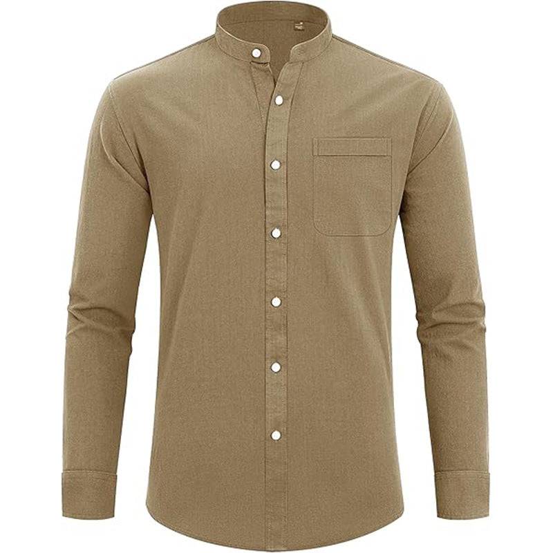 Men's Stand Collar Long Sleeve Solid Color Cotton Shirt - Clothing Personality