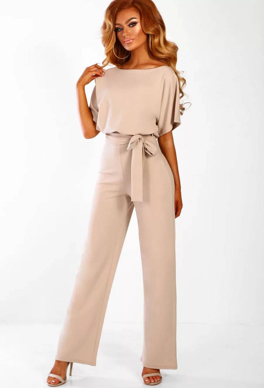 Women's Fashion Belted Short-Sleeved Loose Fit Women's Jumpsuit - Clothing Personality