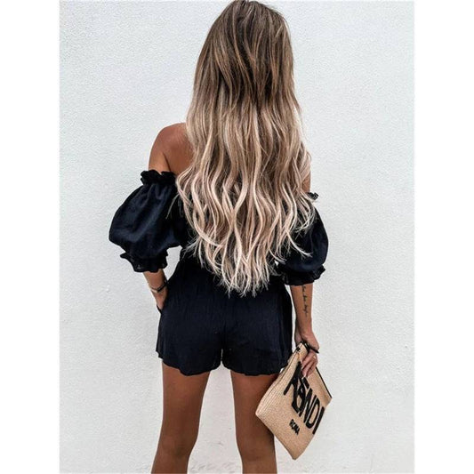 Women's Wrapped Crop Top Ruffle Shorts Off Shoulder Two-Piece Black Matching Shorts Set Clothing Personality