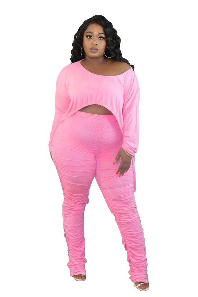 Women's Plus Size Round Neck Pleated Drawstring Long Sleeve Trousers Suit - Clothing Personality