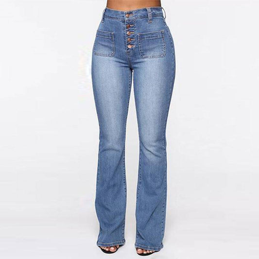 Plus Size Jeans Women Patch Pocket Washed Ladies High Waist Denim Trousers - Clothing Personality