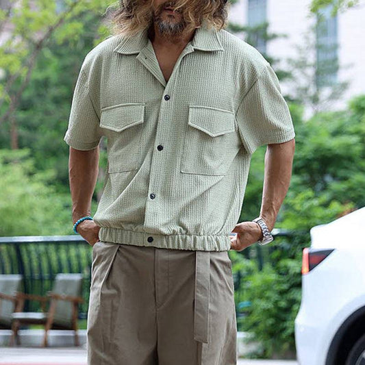 Men's Cropped Front Pocket Button Up Casual Tunic Textured Shirt Spring - Clothing Personality