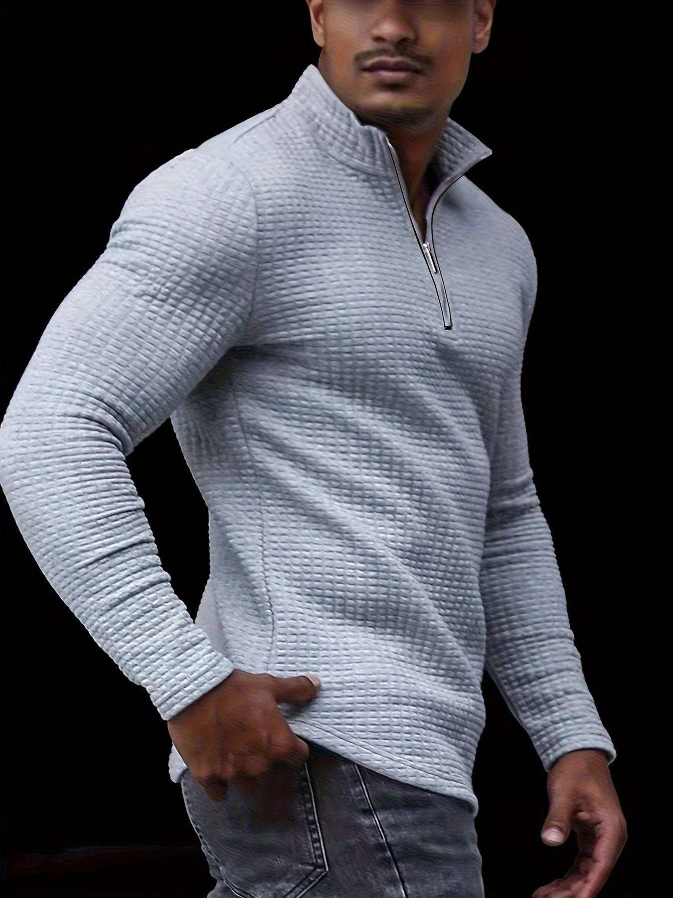Men's Outdoor Waffle Pattern Stand Collar Half Zip Training T-shirt Waffle Sports Bottoming Shirt - Clothing Personality