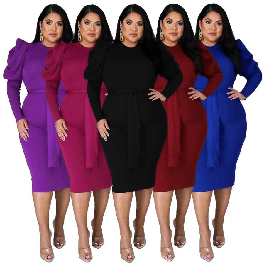 Women's Long Sleeve Belt Slim Fit Plus Size Dress - Clothing Personality