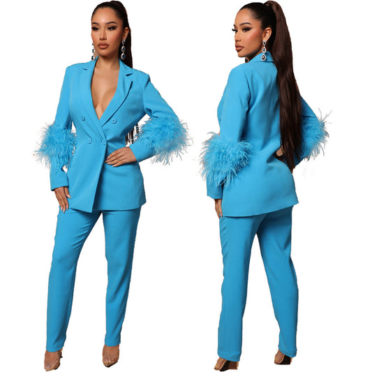 Women's Ostrich Fur Two-piece Lapel Pants Suit - Clothing Personality