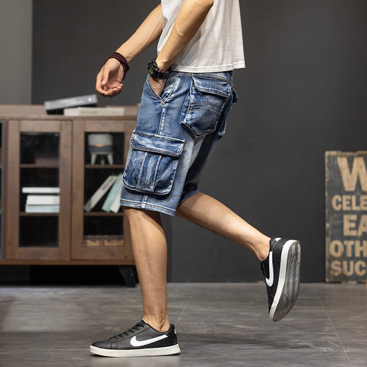 Multi-Pocket Workwear Five Points Denim Shorts Men - Clothing Personality
