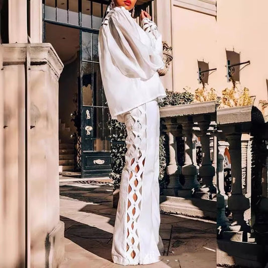 Women's Lattice Hollow Out All White Two-Piece Lace Shirt White Long Sleeve Solid Color Blouse And Pants - Clothing Personality