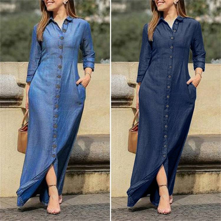 Women's Collar Solid Blue Button Maxi Dress - Clothing Personality