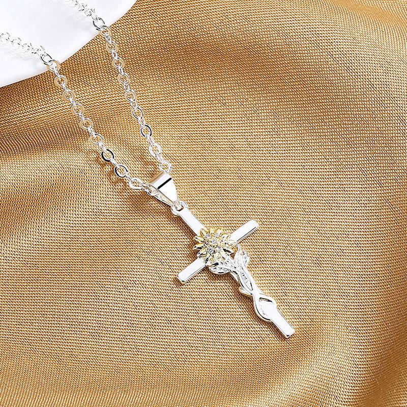 Cross Gold And Silver Two-color Sunflower Flower Hanging Women's Pendant Necklace - Clothing Personality