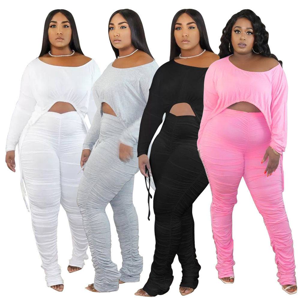 Women's Plus Size Round Neck Pleated Drawstring Long Sleeve Trousers Suit - Clothing Personality