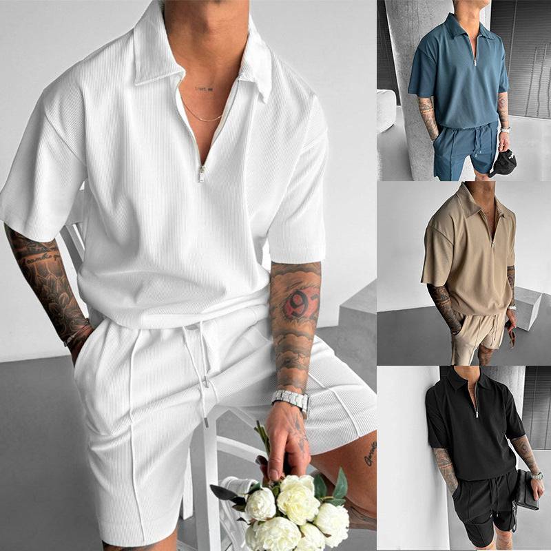 Spring Summer Fashion Men's Clothing Men's Chino Shorts Suit New Zipper Polo Casual Short Sleeve Shirt Drawstring Shorts Men's Set - Clothing Personality