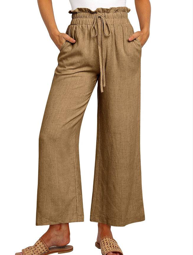 Elastic Waistband Lace-up Wide Leg Pants Solid Color Cropped Pants - Clothing Personality