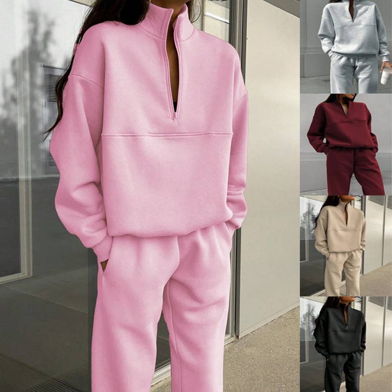 Zipper And Lapel Solid Color Casual Two-piece Suit - Clothing Personality