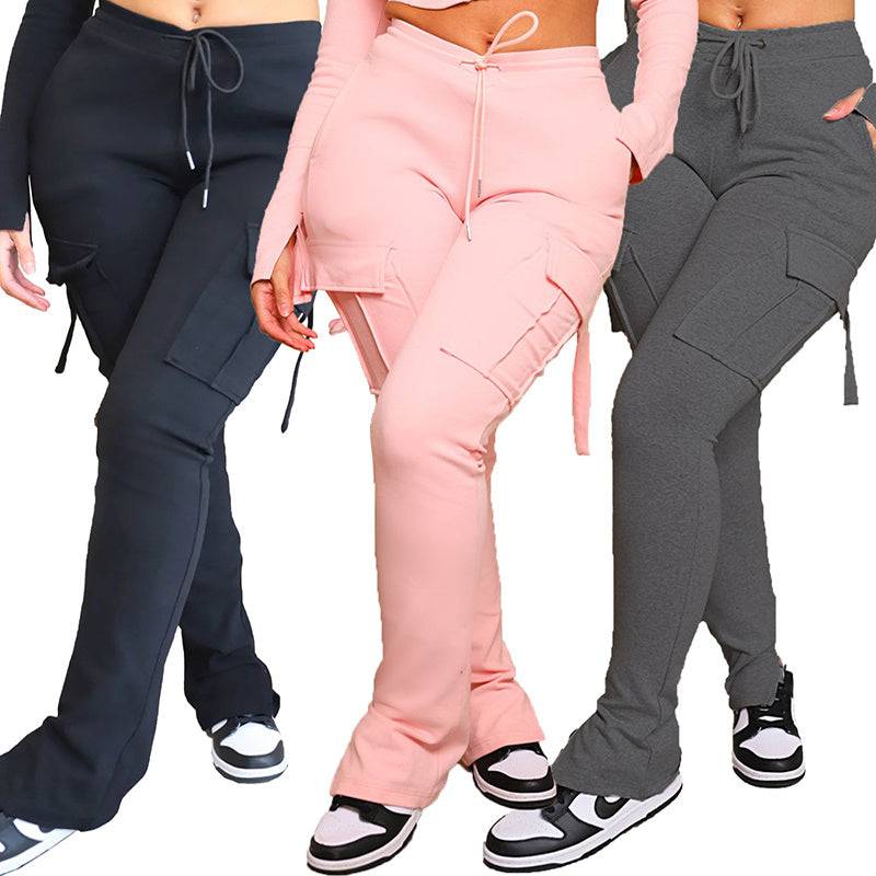 Cargo Pants With Pockets High Waist Drawstring Wide Leg Straight Trousers For Women Overalls - Clothing Personality