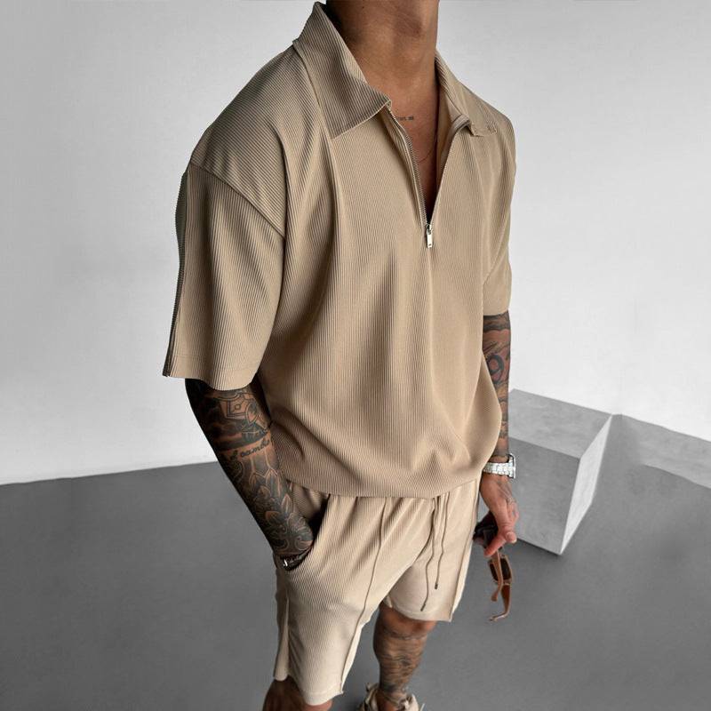 Spring Summer Fashion Men's Clothing Men's Chino Shorts Suit New Zipper Polo Casual Short Sleeve Shirt Drawstring Shorts Men's Set - Clothing Personality