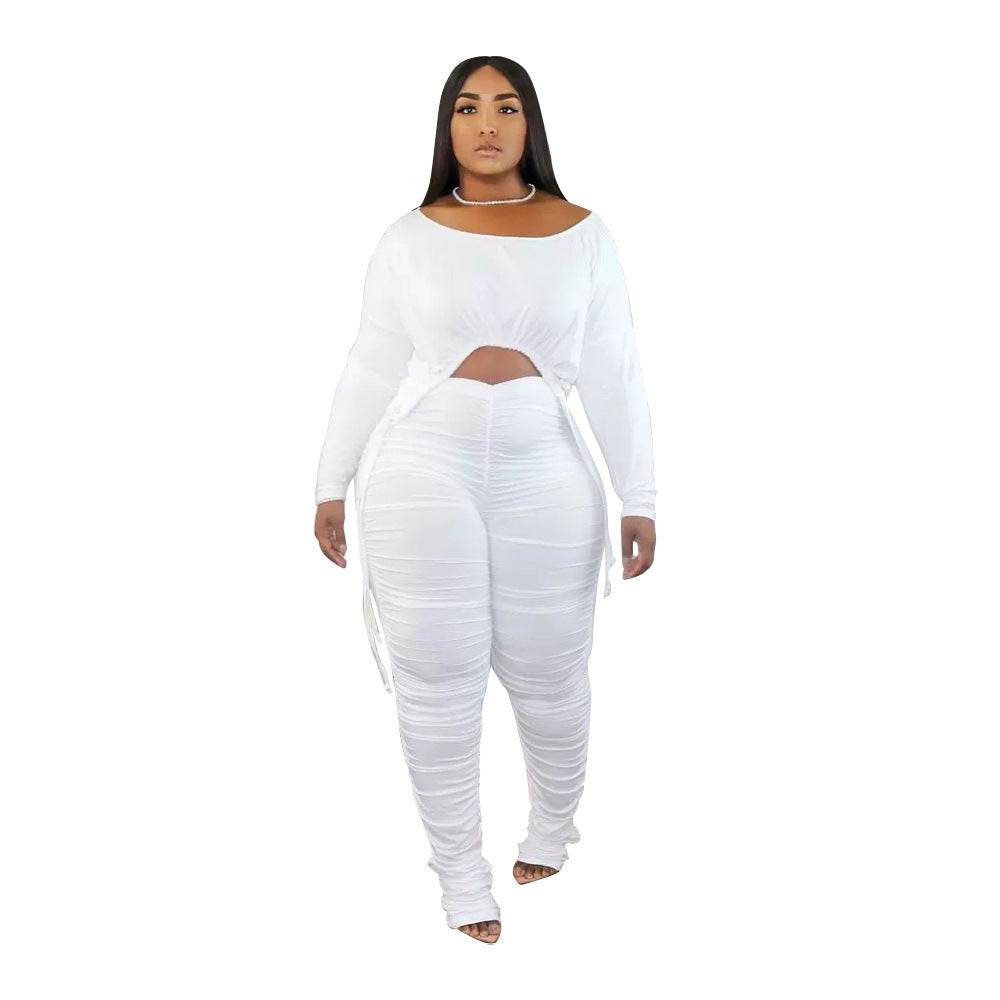 Women's Plus Size Round Neck Pleated Drawstring Long Sleeve Trousers Suit - Clothing Personality