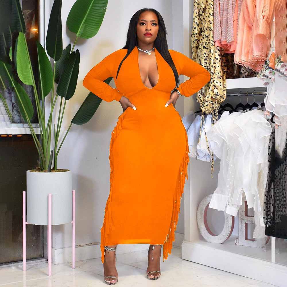 Plus Size Sexy Deep V Fringed Dress - Clothing Personality