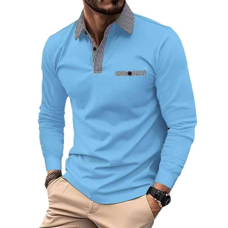 Leisure Plaid Lapel Polo Shirt Fashion Solid Color Long Sleeve Tops Men's Clothing - Clothing Personality