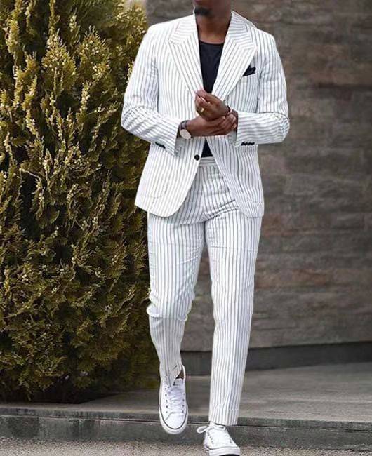 Men's Lightweight Luxury Linen Seersucker Blazer and Pants Set Slim Fit Straight Leg Business Casual Trousers Striped Suit