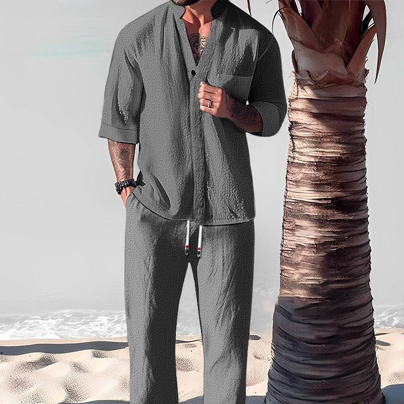 Men's Gray Cotton And Linen Matching Pants Set Outfit Set Short Sleeve Half Sleeve V-Neck Pants Suit Men for Spring Summer Clothing Personality