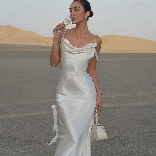 Backless Dress White Strappy Flower Decoration - Clothing Personality