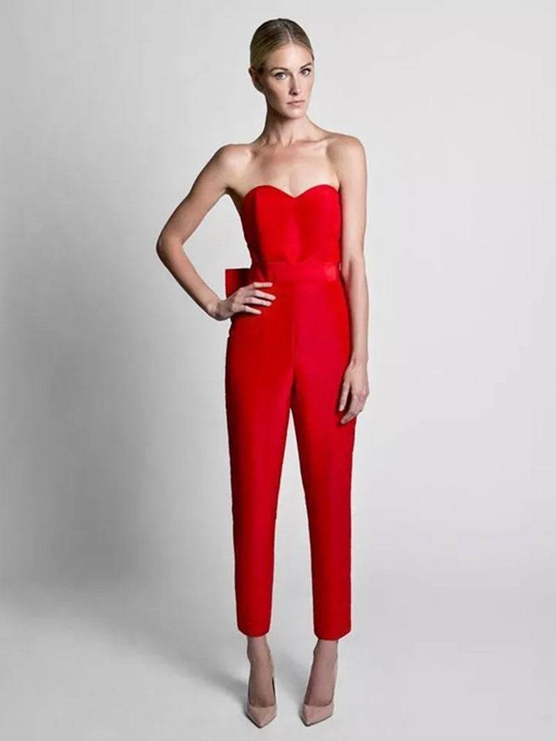 Women's Off-Shoulder Formal Red Jumpsuit Evening Pant Dress Cape - Clothing Personality