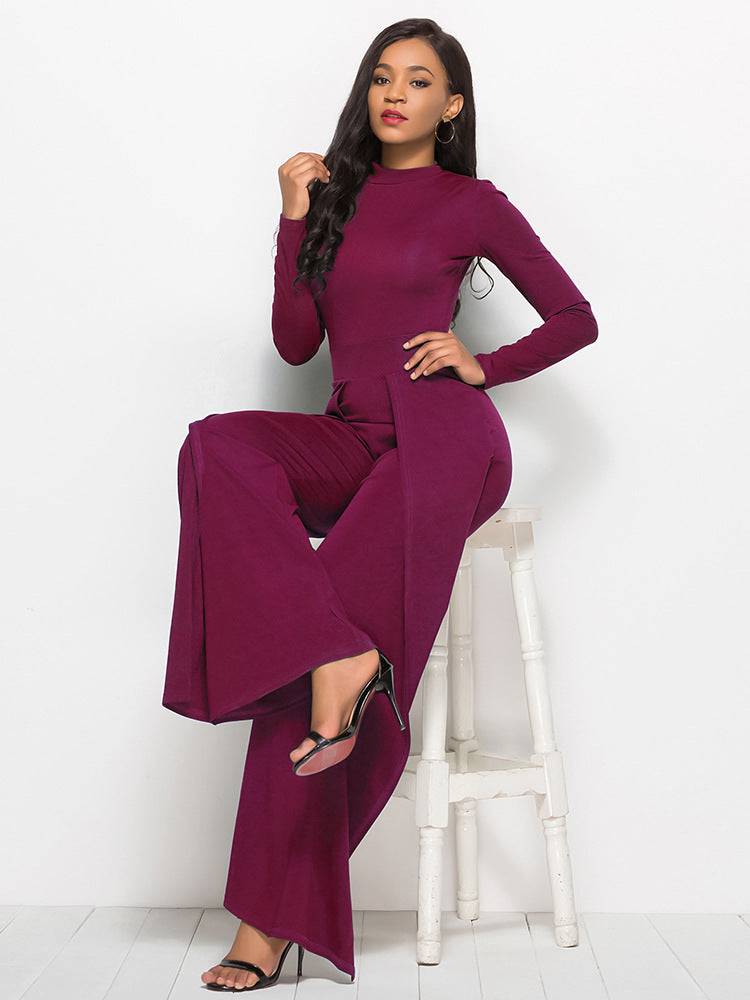 Fashion Round Neck Long Sleeve Wide Leg Jumpsuit - Clothing Personality